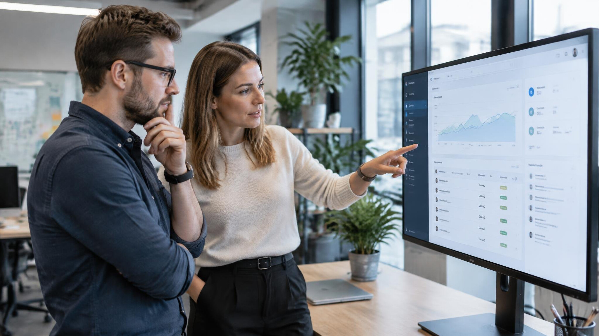 Developers reviewing a web application on a large screen