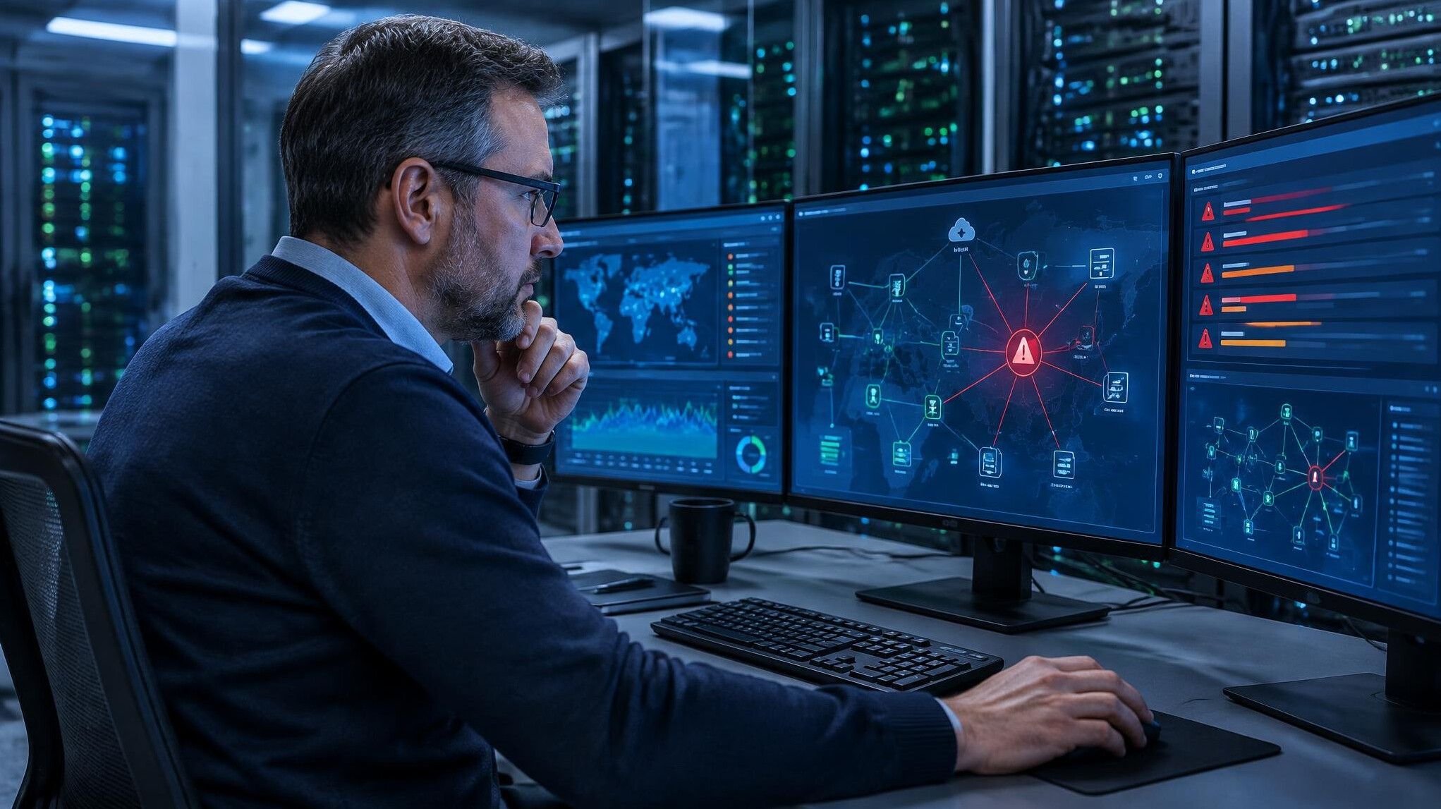 IT professional monitoring a cybersecurity dashboard