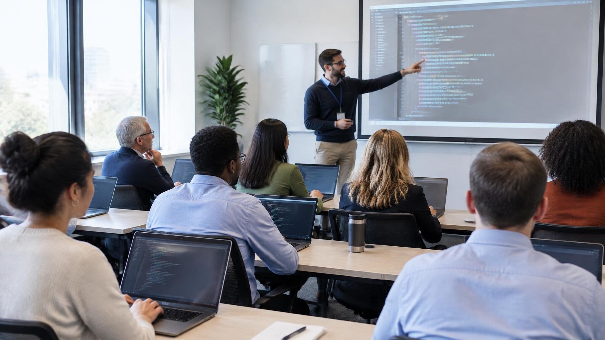 Employees learning programming in a corporate classroom