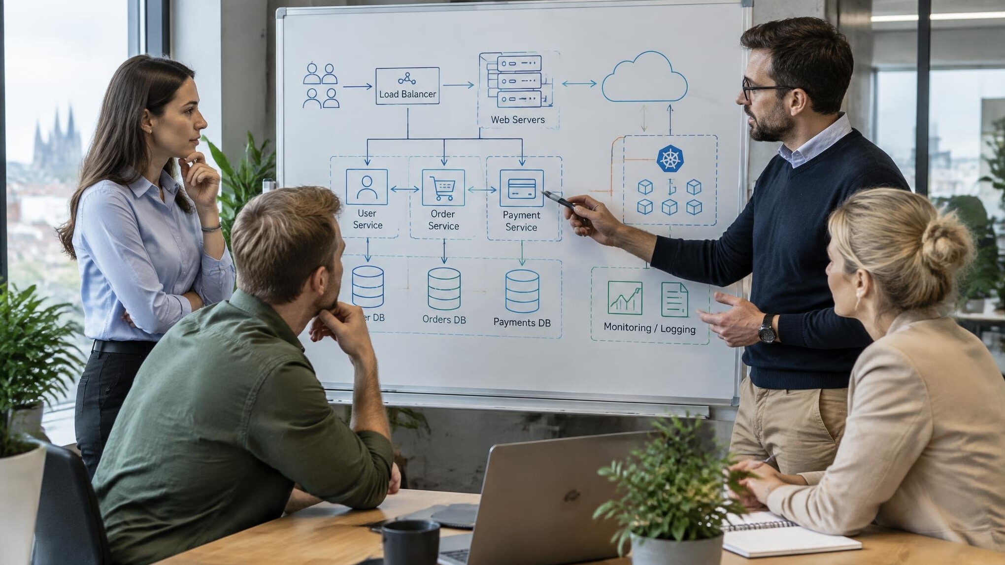 Team of professionals collaborating around a whiteboard with flowcharts