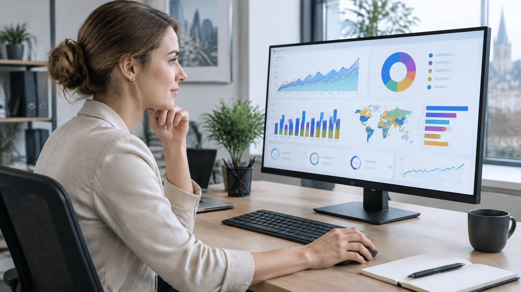 Data analyst reviewing charts and dashboards on a monitor