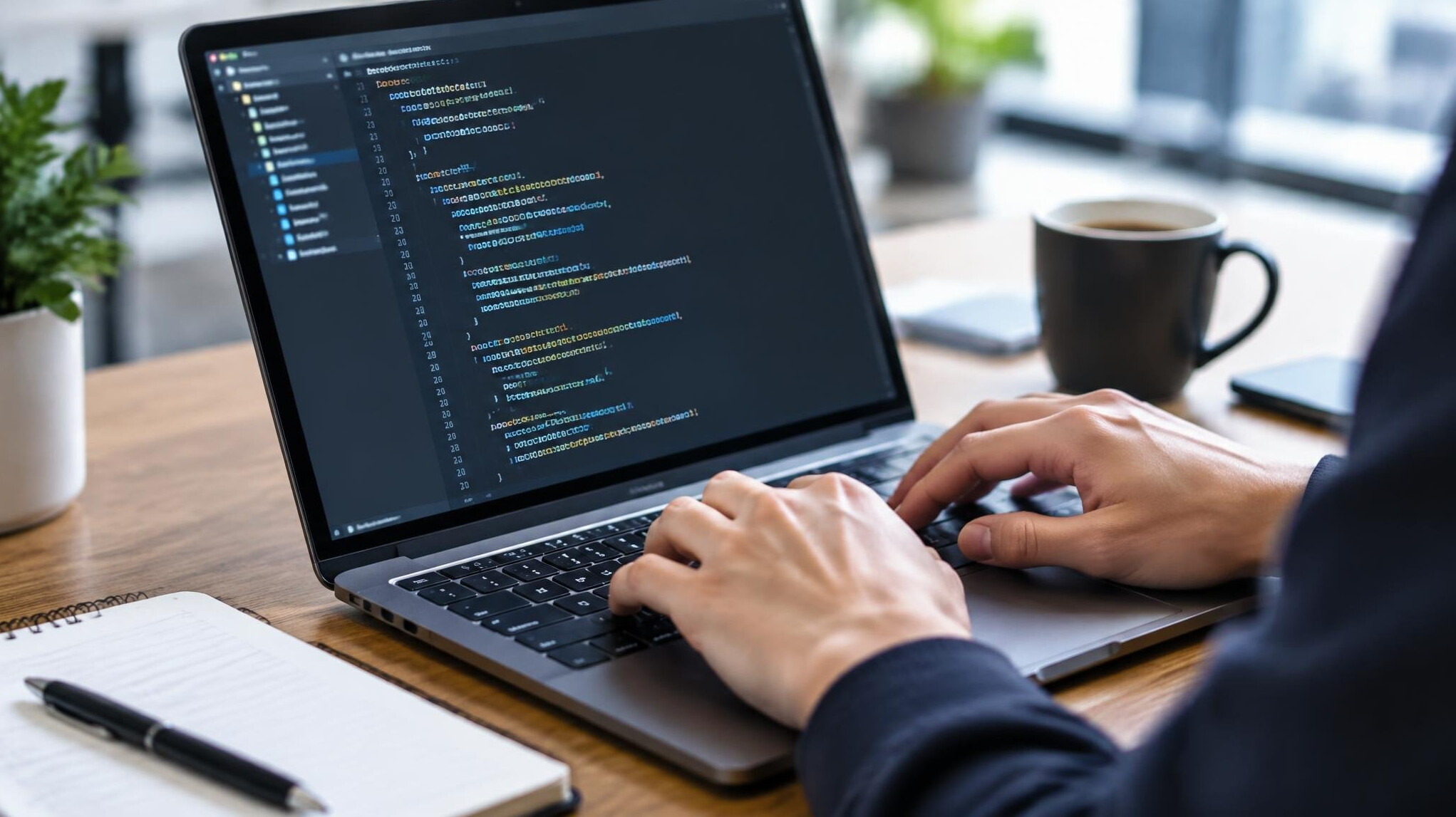 Close-up of hands typing code on a laptop keyboard
