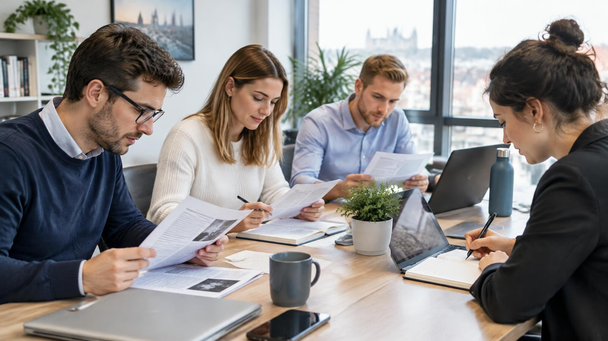 Team reading articles and notes at a shared office table