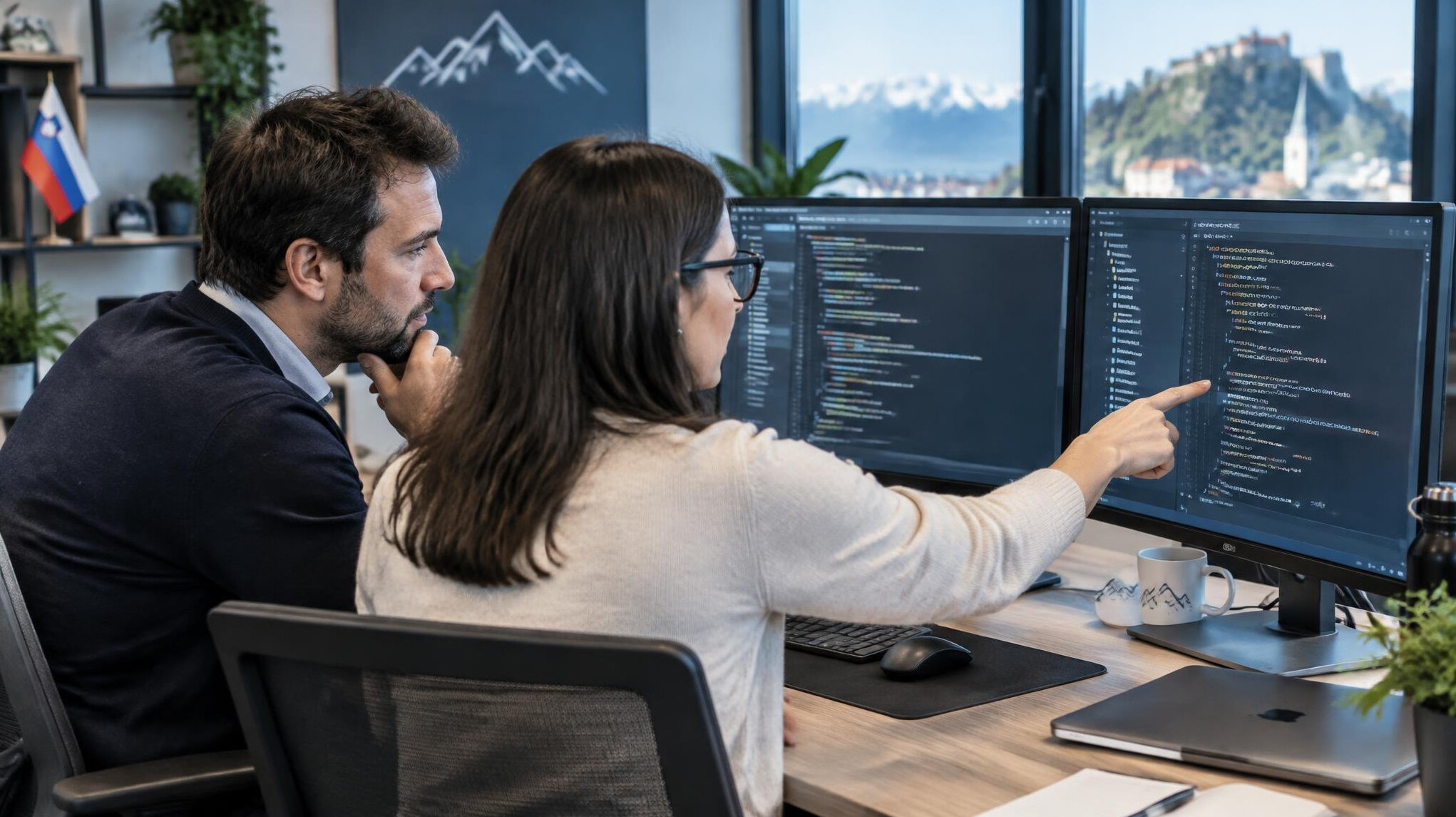 Two developers pair programming at dual monitors