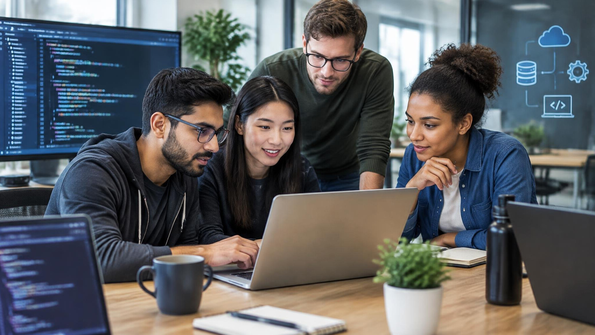 software developers coding together