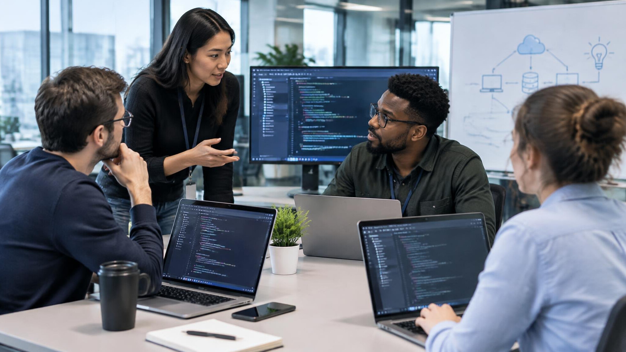 business team discussing software