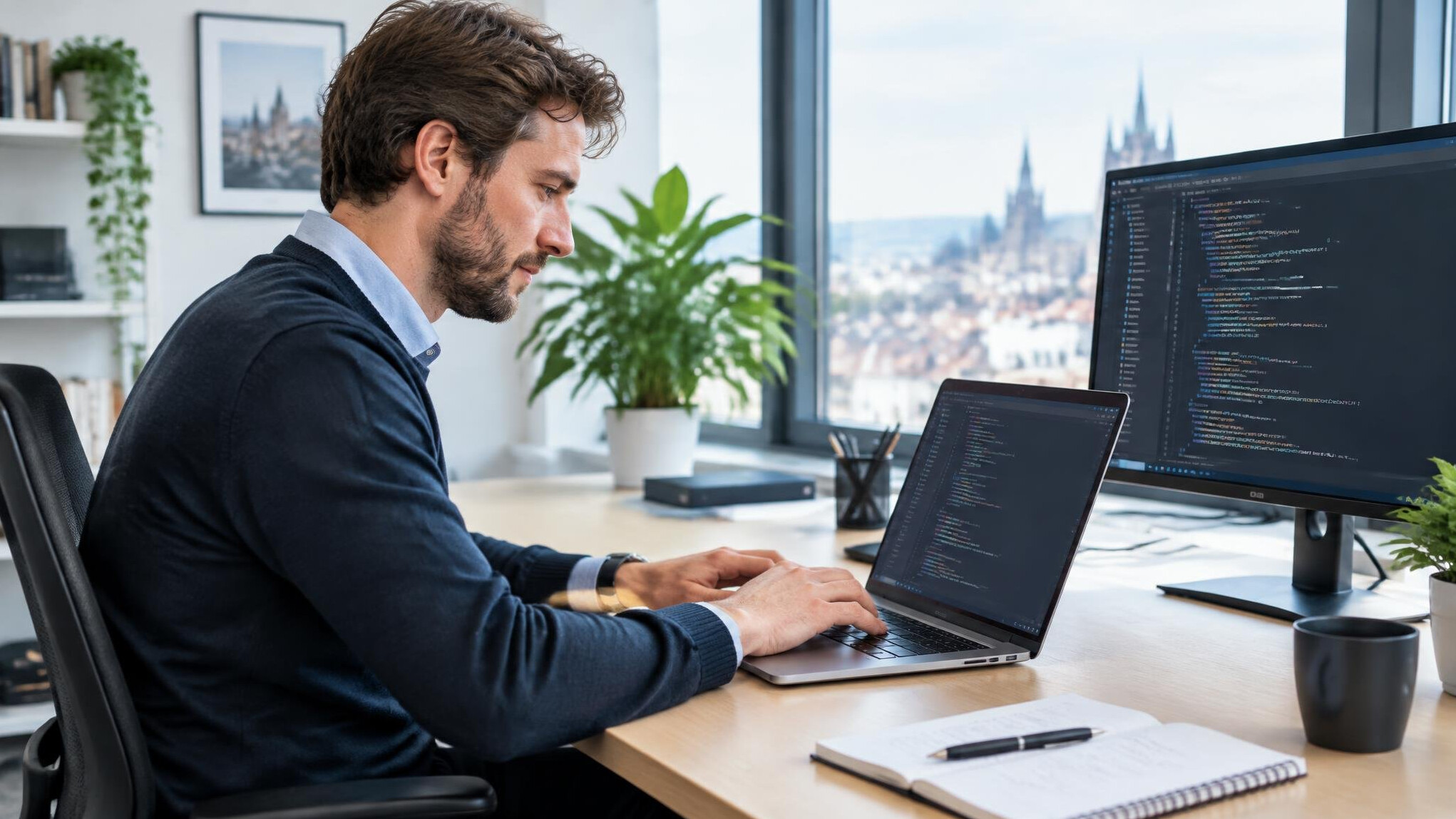 Software developer writing code on a laptop at a desk