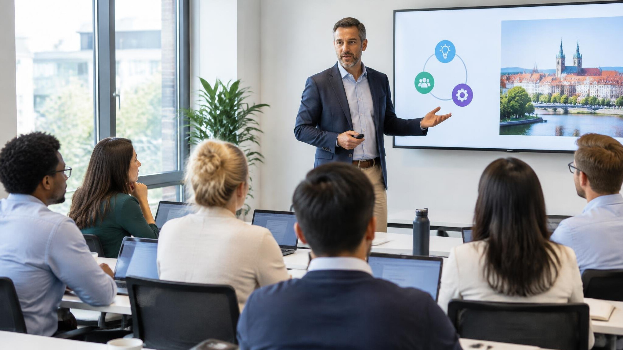 Instructor presenting to employees in a corporate training room