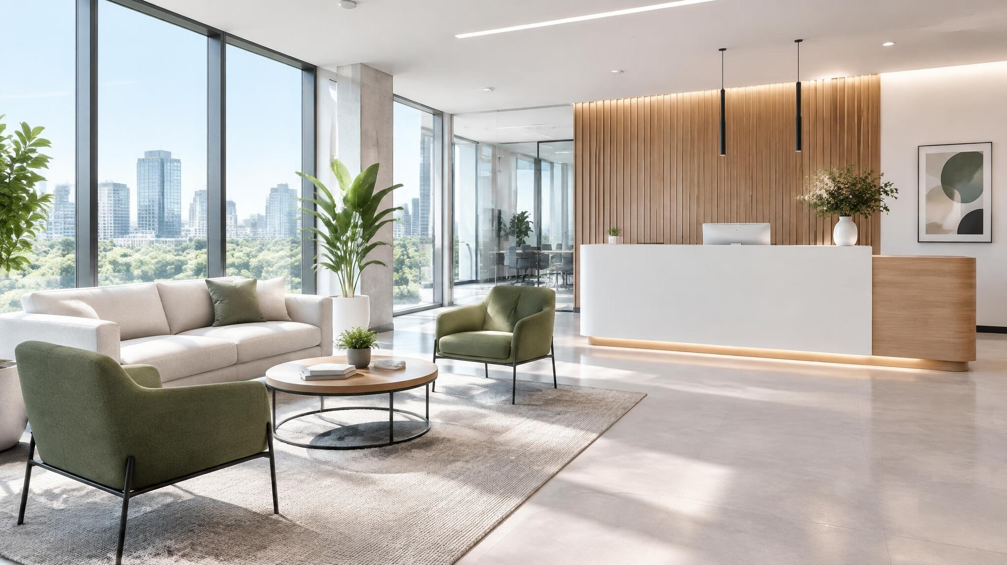 Bright modern office reception area with seating